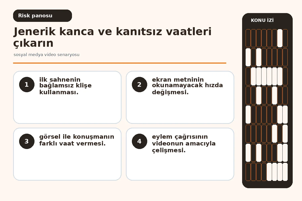 Sosyal Medya Video Senaryosu: 7 Etkili Sahneye Bölme 5 jenerik kanca ve kanıtsız vaatleri işaretleyen senaryo incelemesi.