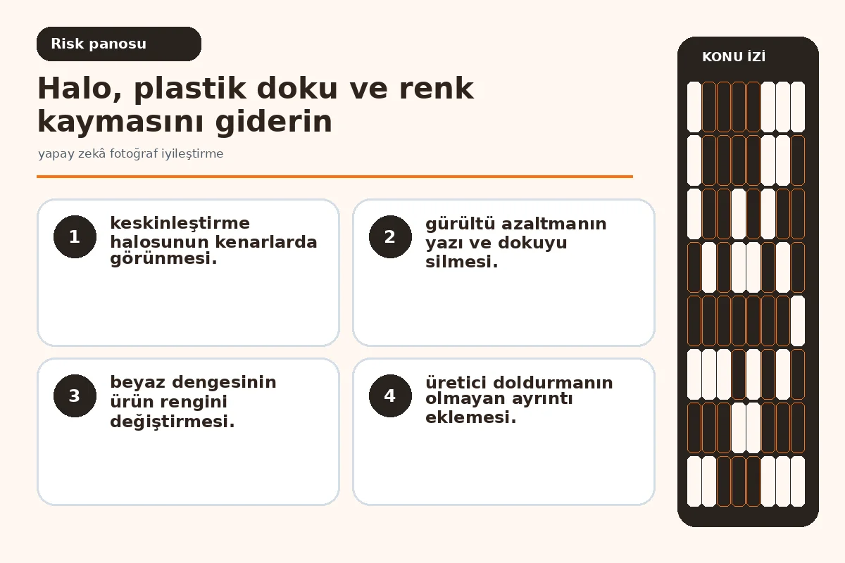 Yapay Zekâ Fotoğraf İyileştirme İçin Güvenli 7 Adım 5 halo ve plastik doku hatalarını gösteren kalite incelemesi.