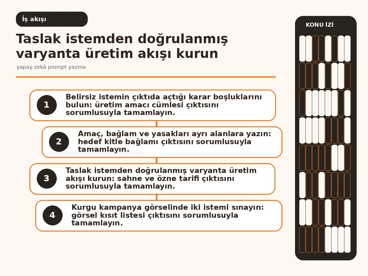 Yapay Zekâ Prompt Yazma İçin 7 Güvenli Adımın Gücü 3 taslak istemden insan onaylı varyanta uzanan üretim akışı.