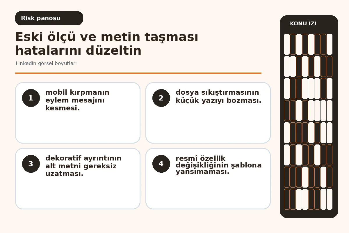 LinkedIn görsel boyutları: 7 güvenli yerleşim adımı 5 eski ölçü ve taşan başlık uyarılarını gösteren yayın kontrolü.