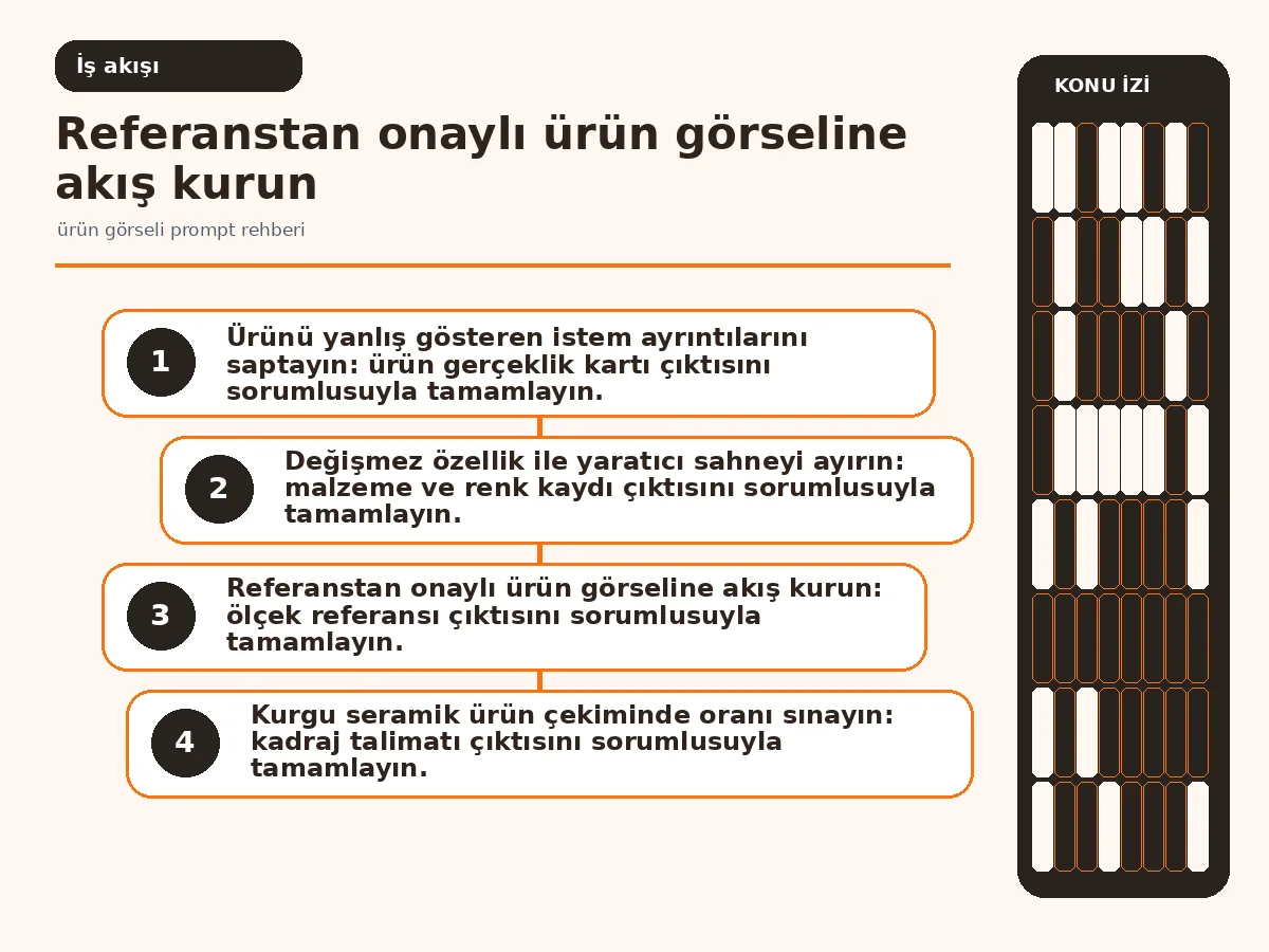 referans görselden insan doğrulamasına uzanan üretim akışı.